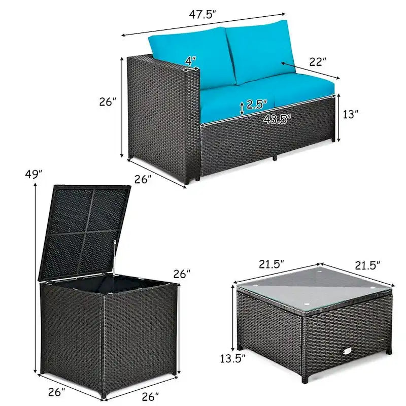 Ensemble de 4 meubles de patio en rotin d'extérieur avec causeuse coussinée et coffre de rangement