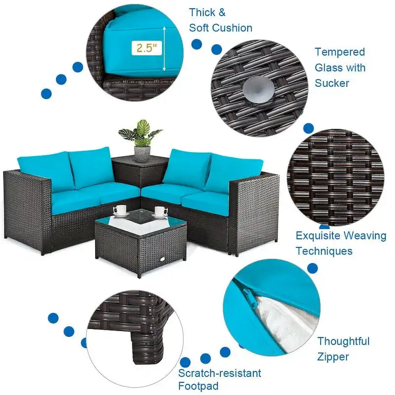 Ensemble de 4 meubles de patio en rotin d'extérieur avec causeuse coussinée et coffre de rangement