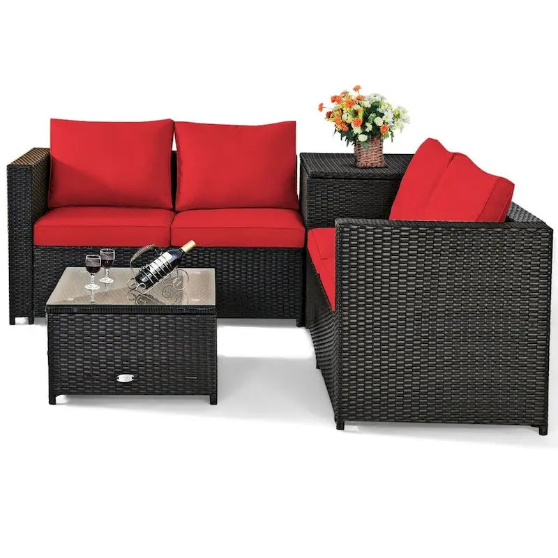 Ensemble de 4 meubles de patio en rotin d'extérieur avec causeuse coussinée et coffre de rangement