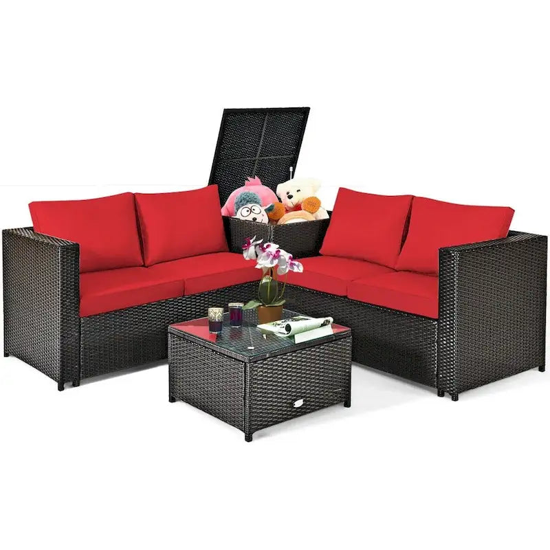 Ensemble de 4 meubles de patio en rotin d'extérieur avec causeuse coussinée et coffre de rangement