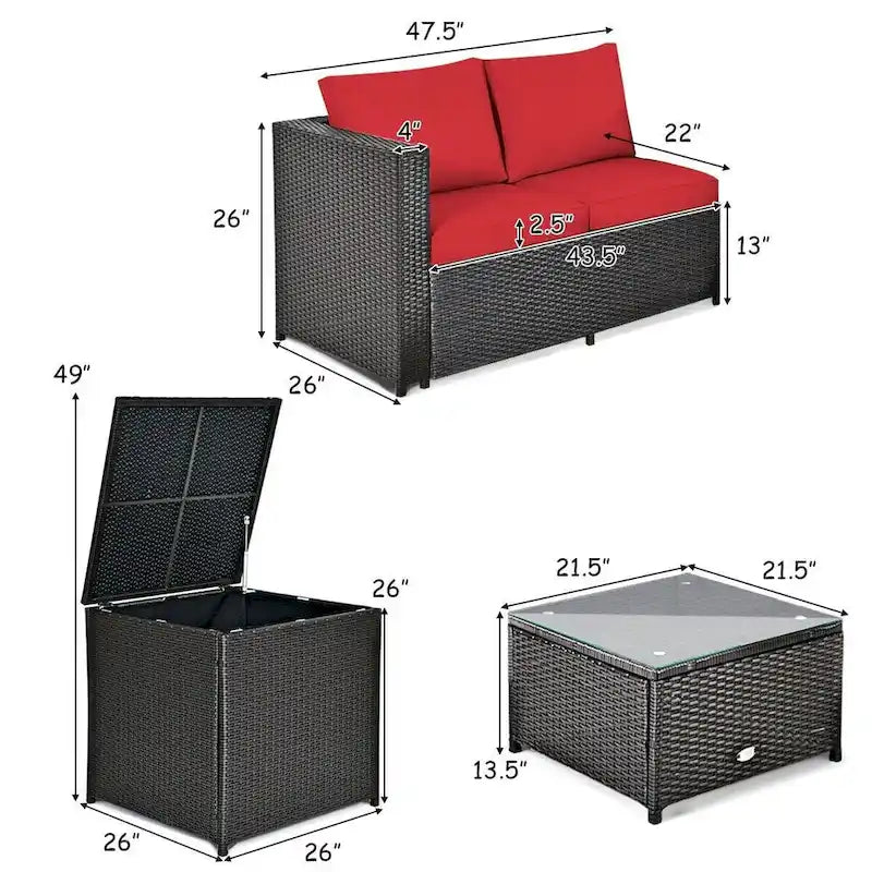 Ensemble de 4 meubles de patio en rotin d'extérieur avec causeuse coussinée et coffre de rangement