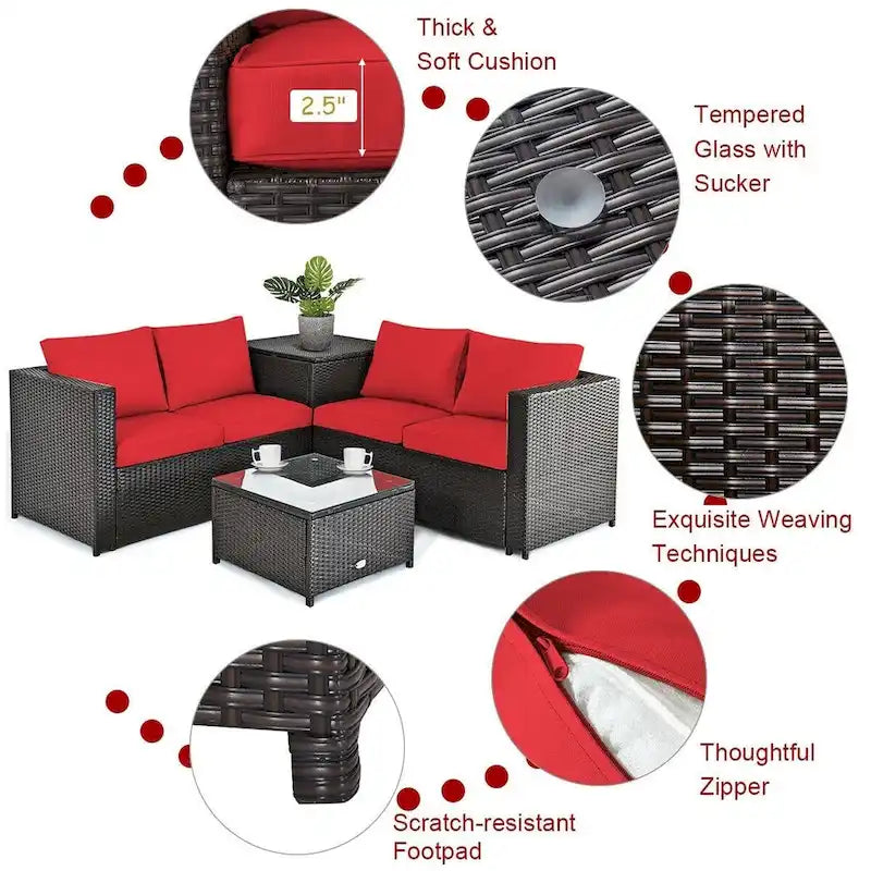 Ensemble de 4 meubles de patio en rotin d'extérieur avec causeuse coussinée et coffre de rangement