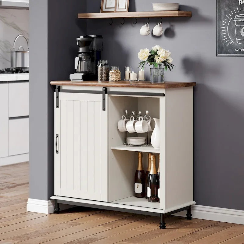 Meuble d'entrée buffet de cuisine WAMPAT Table de rangement avec portes coulissantes façon grange blanches, style ferme
