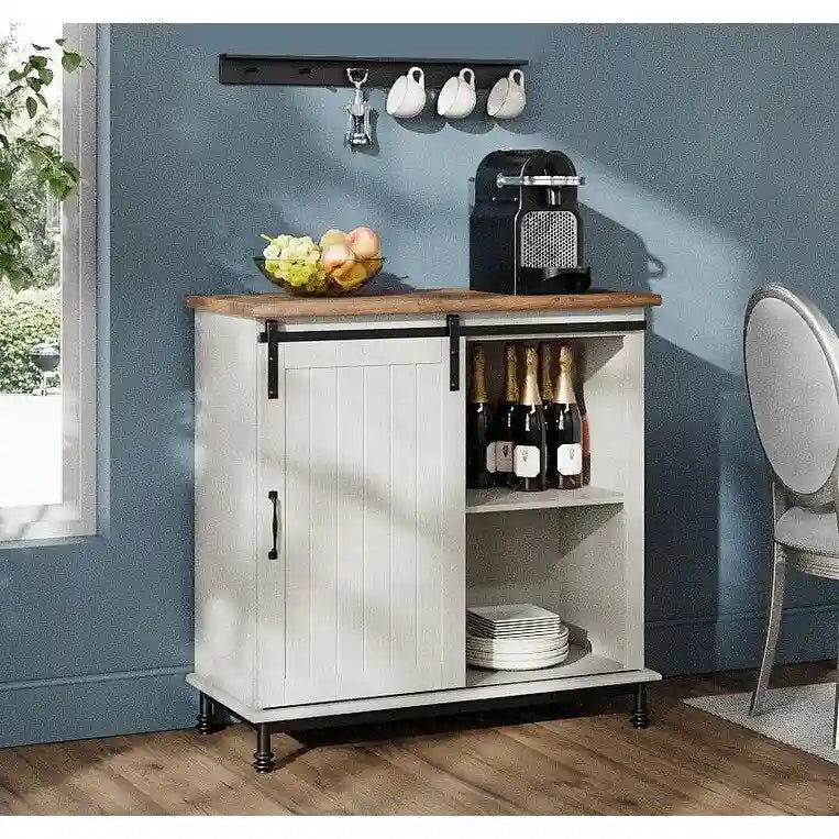 Meuble d'entrée buffet de cuisine WAMPAT Table de rangement avec portes coulissantes façon grange blanches, style ferme