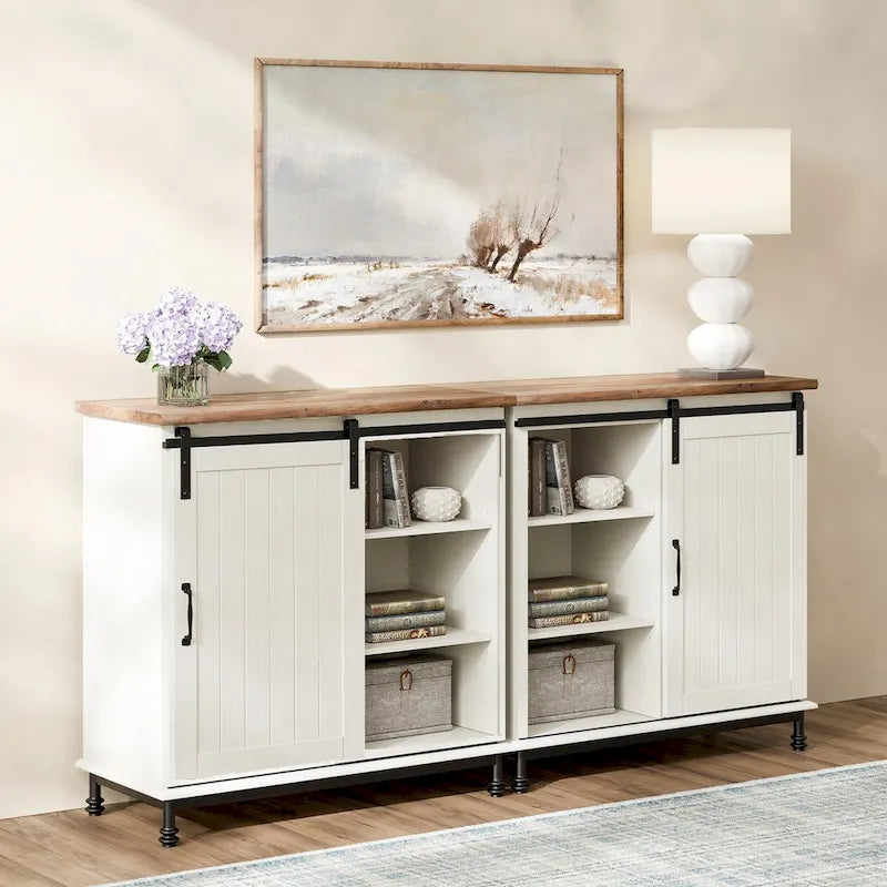 Meuble d'entrée buffet de cuisine WAMPAT Table de rangement avec portes coulissantes façon grange blanches, style ferme