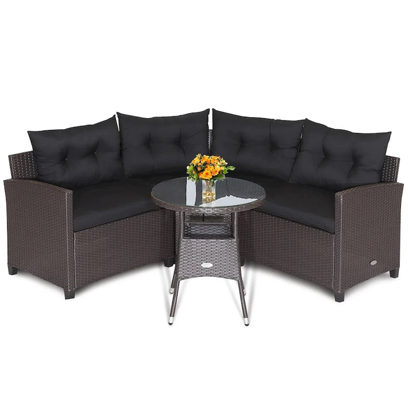 Costway 4PCS Patio Rattan Furniture Set Cushioned Sofa Glass Table - 49.5 x 23 x 29