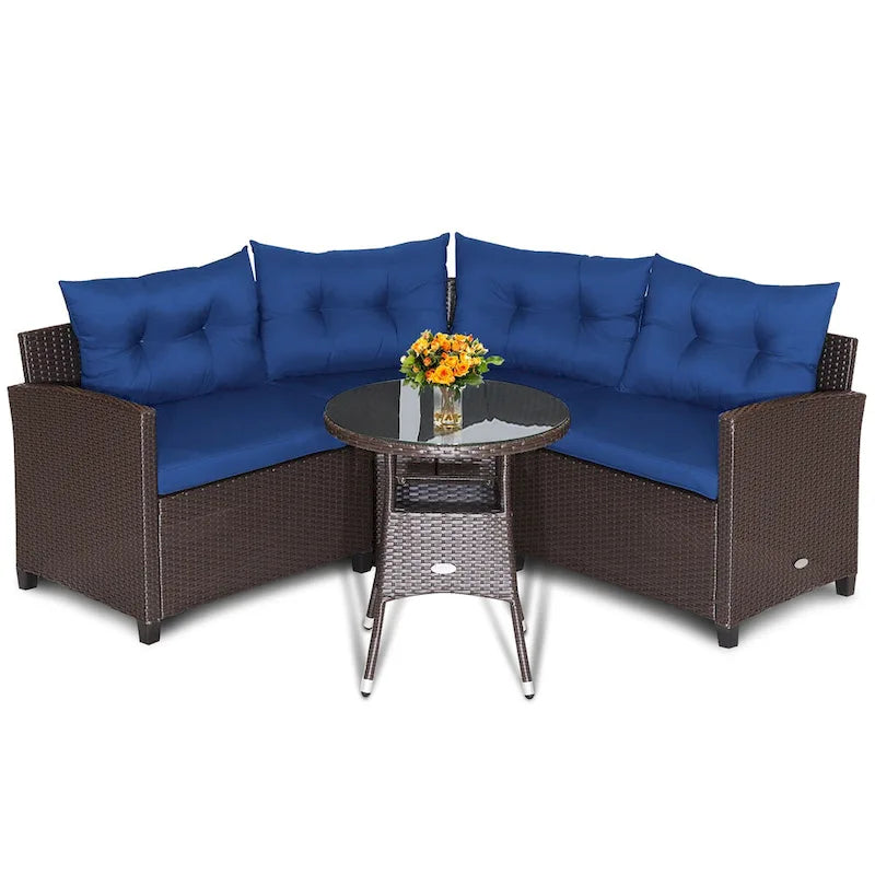 Ensemble de meubles de patio en rotin Costway 4 pièces avec coussins et table en verre - 49,5 x 23 x 29