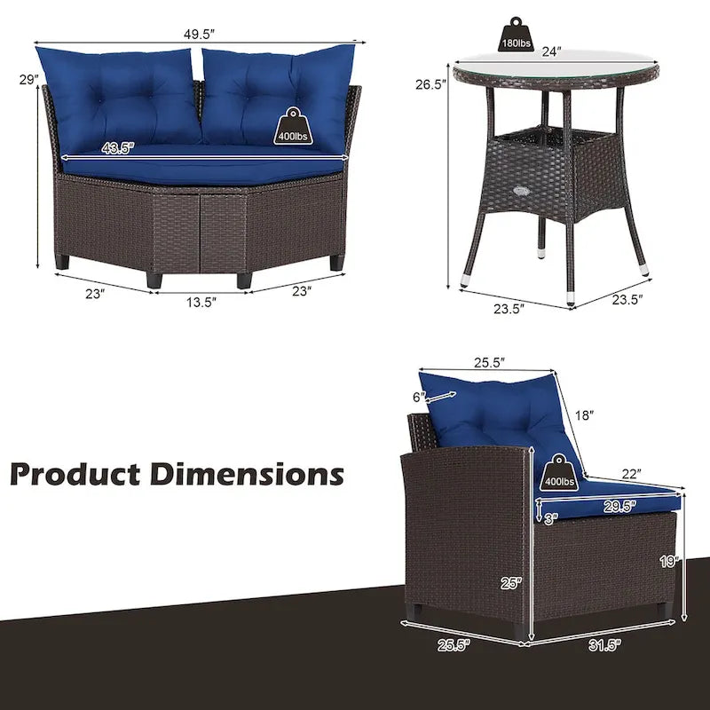 Ensemble de meubles de patio en rotin Costway 4 pièces avec coussins et table en verre - 49,5 x 23 x 29