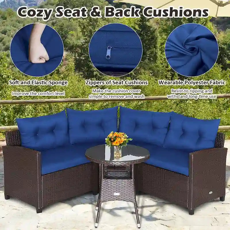 Ensemble de meubles de patio en rotin Costway 4 pièces avec coussins et table en verre - 49,5 x 23 x 29
