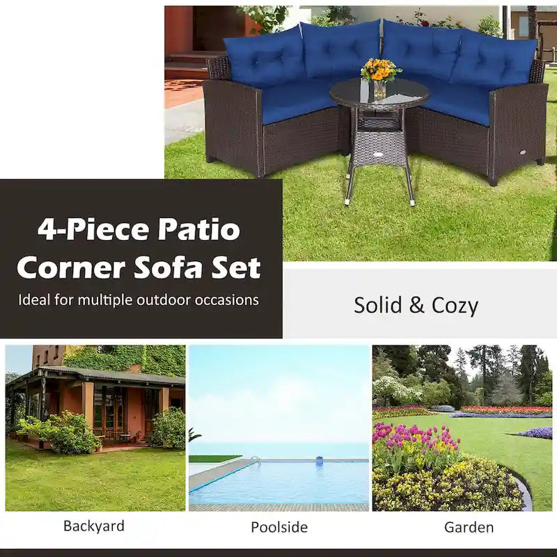 Ensemble de meubles de patio en rotin Costway 4 pièces avec coussins et table en verre - 49,5 x 23 x 29