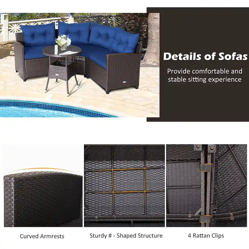 Ensemble de meubles de patio en rotin Costway 4 pièces avec coussins et table en verre - 49,5 x 23 x 29