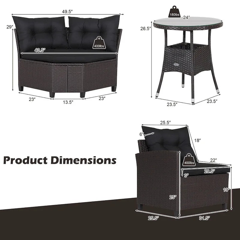 Ensemble de meubles de patio en rotin Costway 4 pièces avec coussins et table en verre - 49,5 x 23 x 29