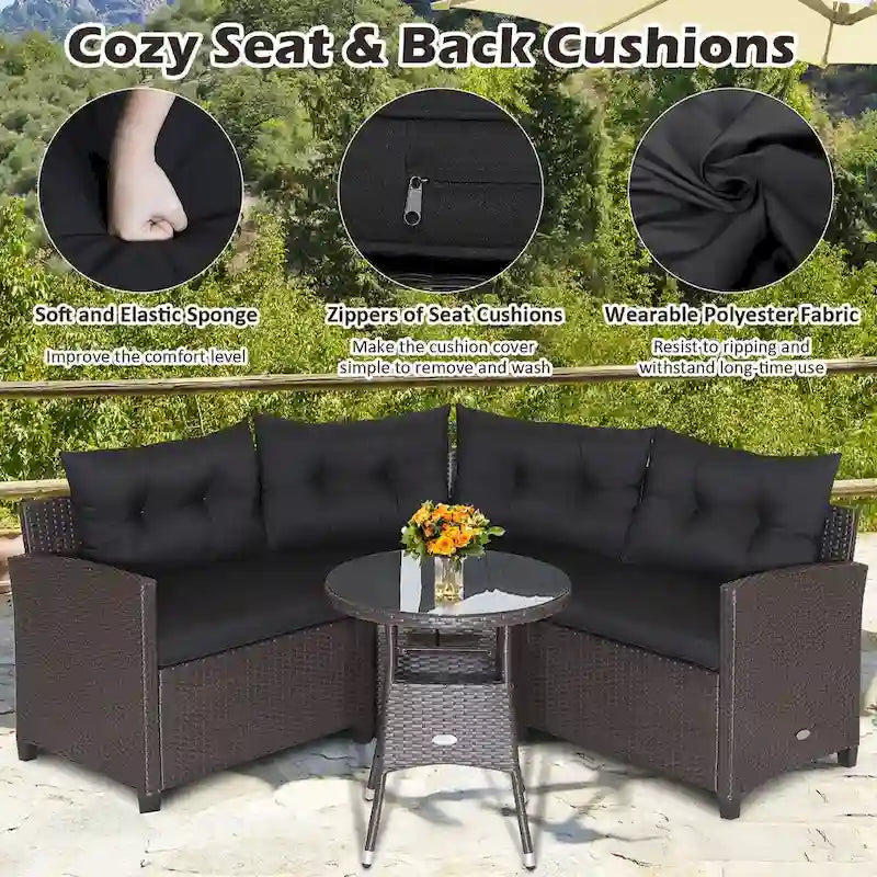 Ensemble de meubles de patio en rotin Costway 4 pièces avec coussins et table en verre - 49,5 x 23 x 29