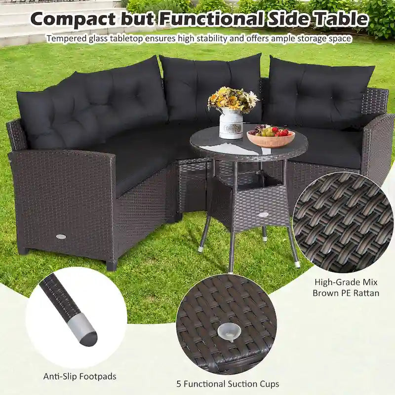 Ensemble de meubles de patio en rotin Costway 4 pièces avec coussins et table en verre - 49,5 x 23 x 29