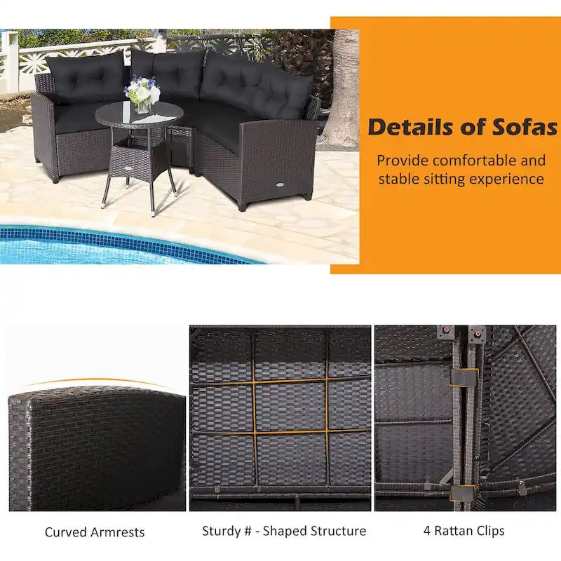 Ensemble de meubles de patio en rotin Costway 4 pièces avec coussins et table en verre - 49,5 x 23 x 29