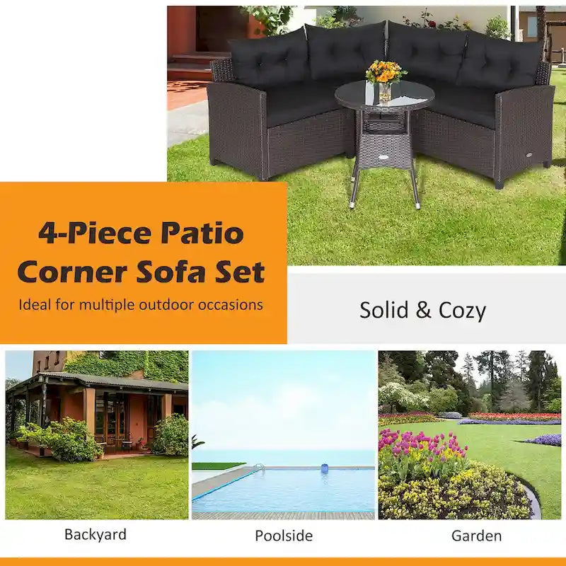 Ensemble de meubles de patio en rotin Costway 4 pièces avec coussins et table en verre - 49,5 x 23 x 29