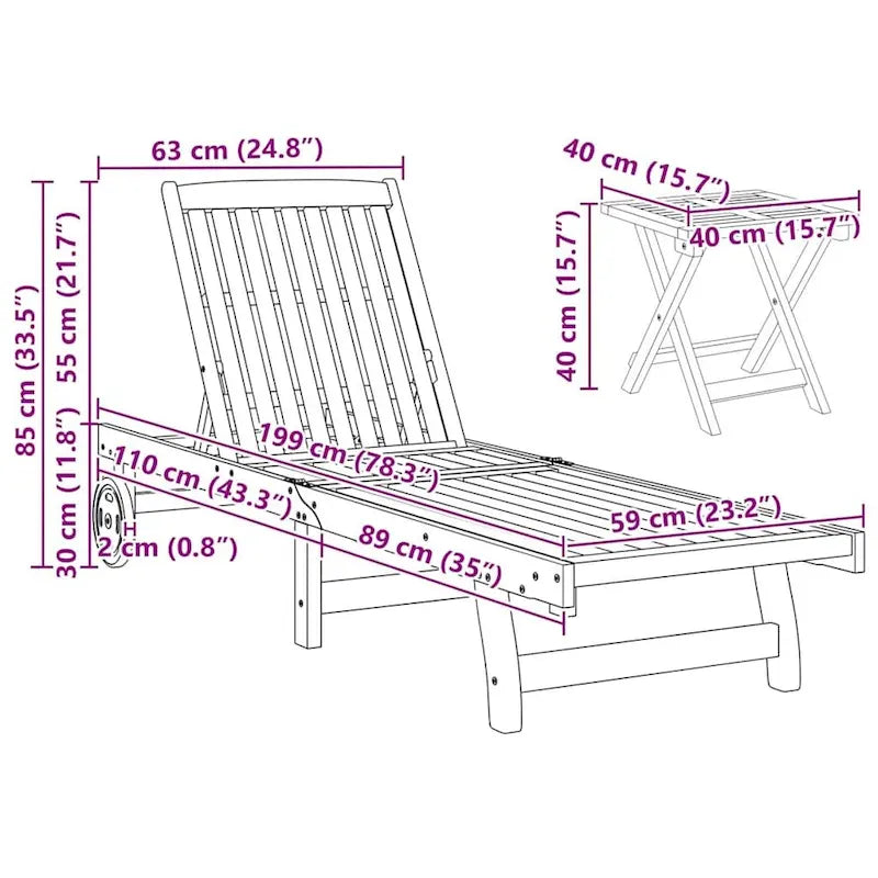 vidaXL Chaise longue de jardin Bain de soleil extérieur au bord de la piscine Bois d'acacia massif - 199 x 59/63 x 30/62/76/85