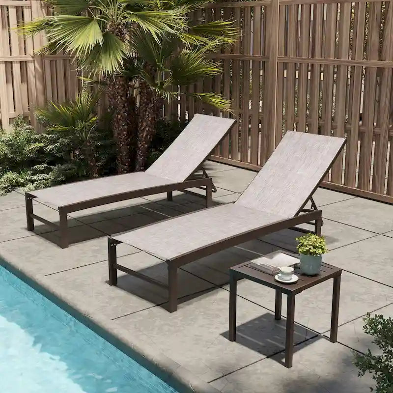 VredHom Chaises longues de jardin réglables en aluminium et table d'appoint – 153,4 cm (L) x 62,5 cm (l) x 40,9/103,6 cm (H)