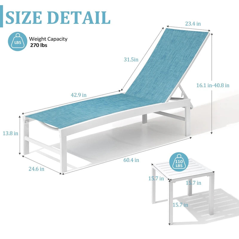 VredHom Chaises longues de jardin réglables en aluminium et table d'appoint – 153,4 cm (L) x 62,5 cm (l) x 40,9/103,6 cm (H)