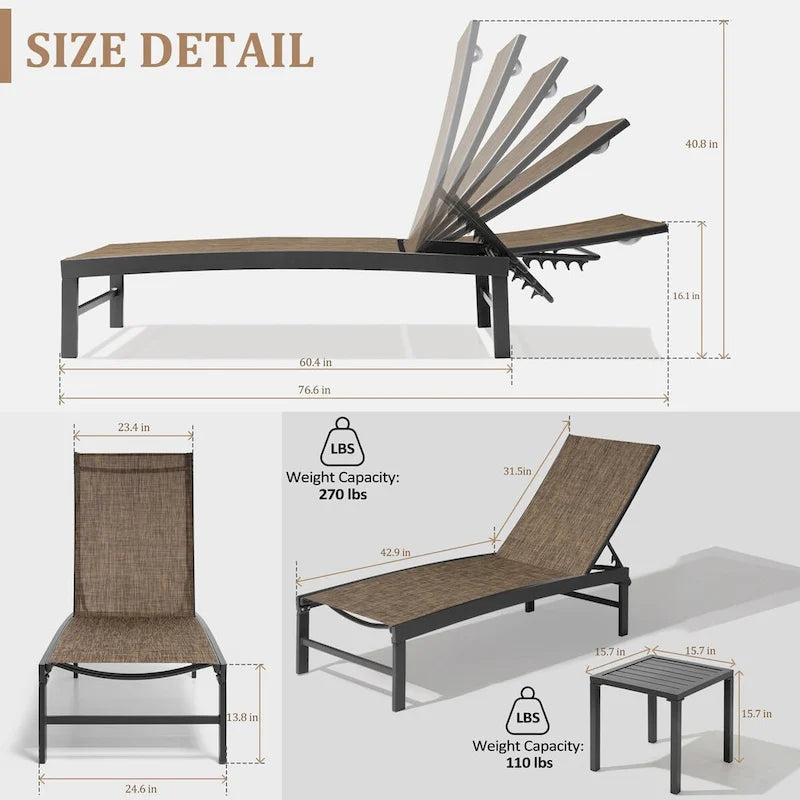 VredHom Chaises longues de jardin réglables en aluminium et table d'appoint – 153,4 cm (L) x 62,5 cm (l) x 40,9/103,6 cm (H)