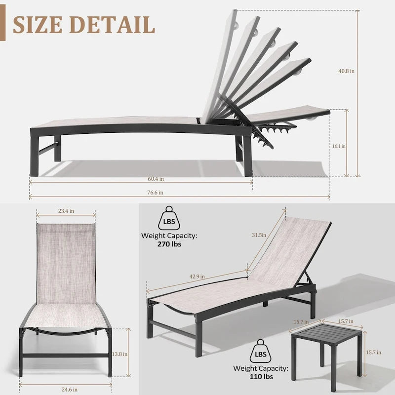 VredHom Chaises longues de jardin réglables en aluminium et table d'appoint – 153,4 cm (L) x 62,5 cm (l) x 40,9/103,6 cm (H)