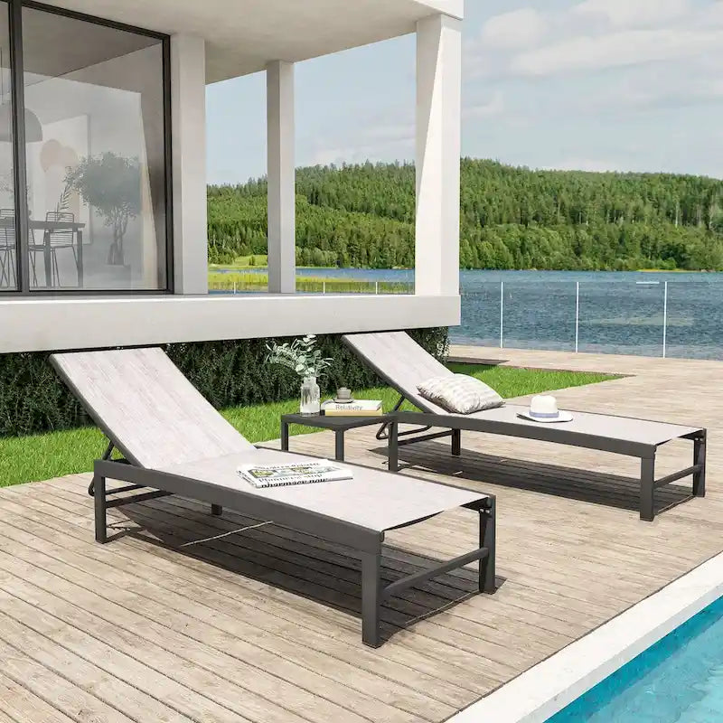 VredHom Chaises longues de jardin réglables en aluminium et table d'appoint – 153,4 cm (L) x 62,5 cm (l) x 40,9/103,6 cm (H)