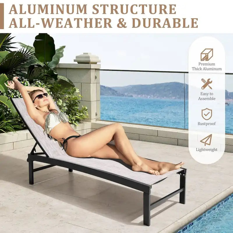 VredHom Chaises longues de jardin réglables en aluminium et table d'appoint – 153,4 cm (L) x 62,5 cm (l) x 40,9/103,6 cm (H)