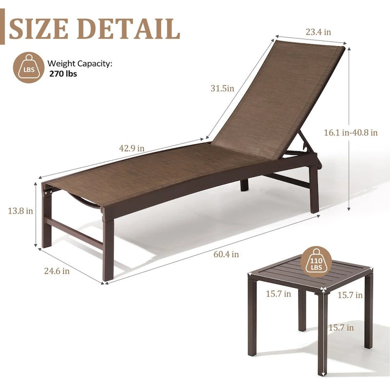 VredHom Chaises longues de jardin réglables en aluminium et table d'appoint – 153,4 cm (L) x 62,5 cm (l) x 40,9/103,6 cm (H)