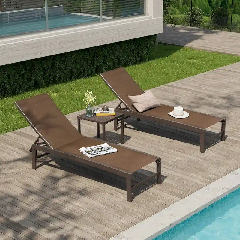 VredHom Chaises longues de jardin réglables en aluminium et table d'appoint – 153,4 cm (L) x 62,5 cm (l) x 40,9/103,6 cm (H)