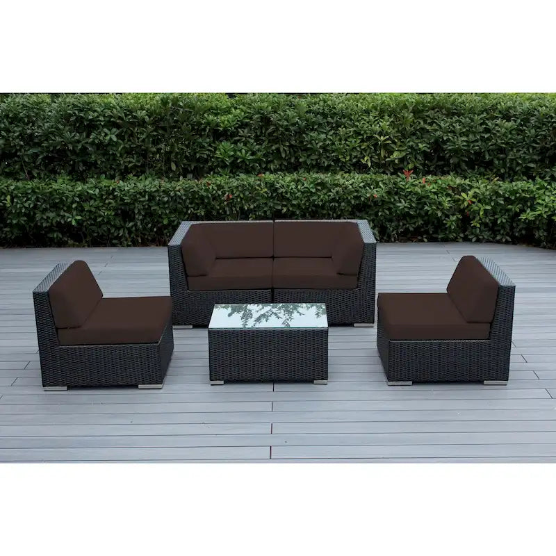 Ohana Outdoor Patio Ensemble Sectionnel 5 Pièces en Osier Noir avec Coussins - Aucun Assemblage Nécessaire