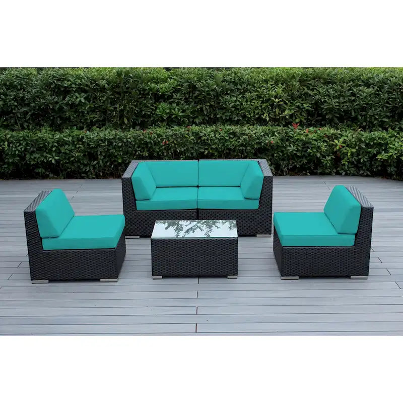 Ohana Outdoor Patio Ensemble Sectionnel 5 Pièces en Osier Noir avec Coussins - Aucun Assemblage Nécessaire