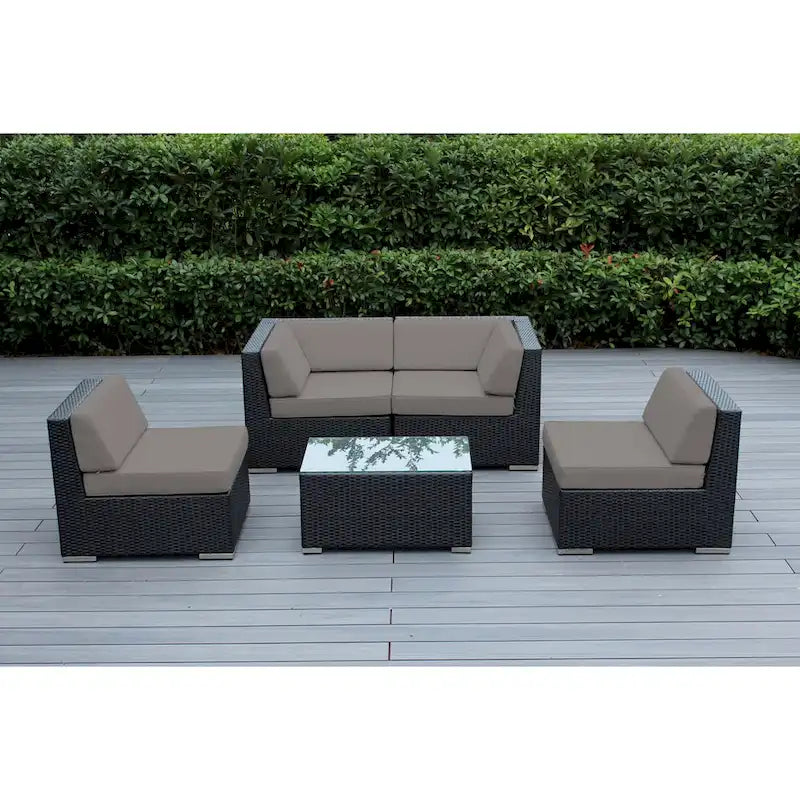 Ohana Outdoor Patio Ensemble Sectionnel 5 Pièces en Osier Noir avec Coussins - Aucun Assemblage Nécessaire