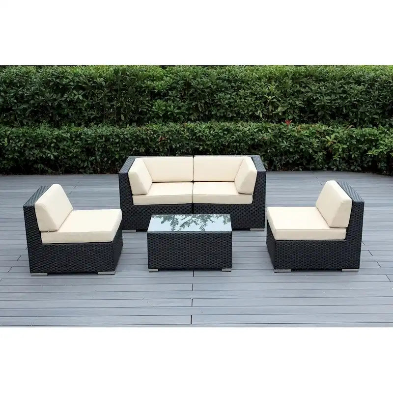 Ohana Outdoor Patio Ensemble Sectionnel 5 Pièces en Osier Noir avec Coussins - Aucun Assemblage Nécessaire