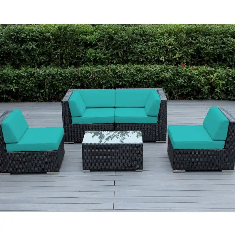 Ohana Outdoor Patio Ensemble Sectionnel 5 Pièces en Osier Noir avec Coussins - Aucun Assemblage Nécessaire