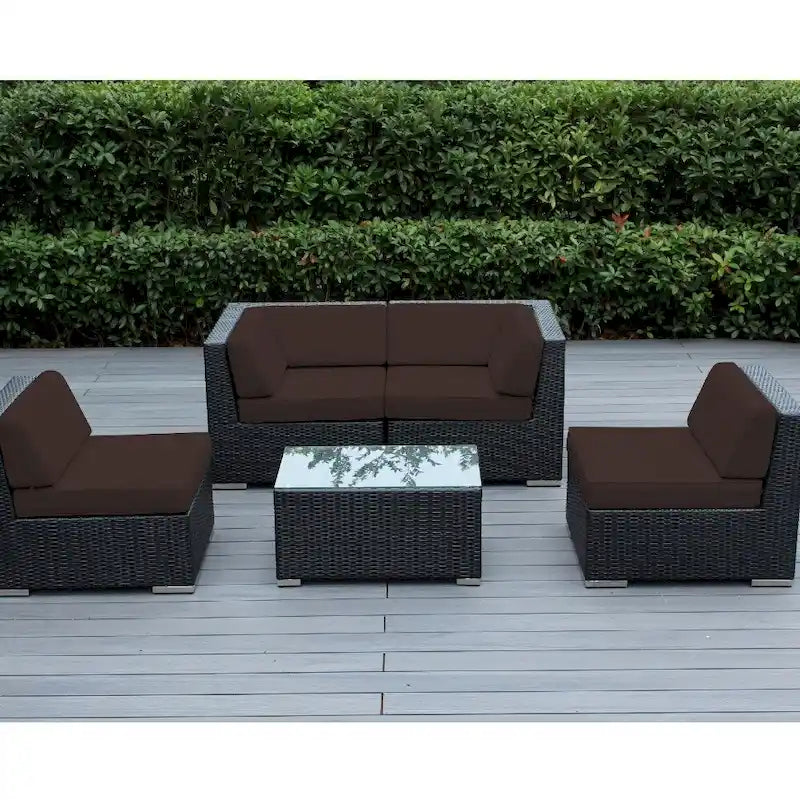 Ohana Outdoor Patio Ensemble Sectionnel 5 Pièces en Osier Noir avec Coussins - Aucun Assemblage Nécessaire