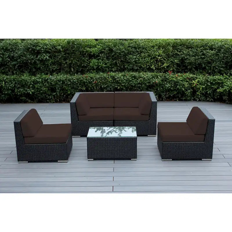 Ohana Outdoor Patio Ensemble Sectionnel 5 Pièces en Osier Noir avec Coussins - Aucun Assemblage Nécessaire