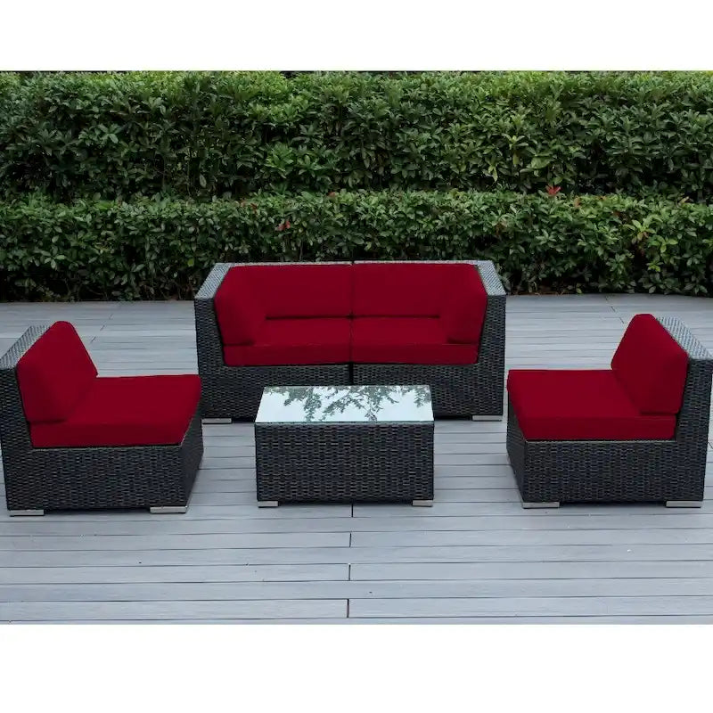 Ohana Outdoor Patio Ensemble Sectionnel 5 Pièces en Osier Noir avec Coussins - Aucun Assemblage Nécessaire