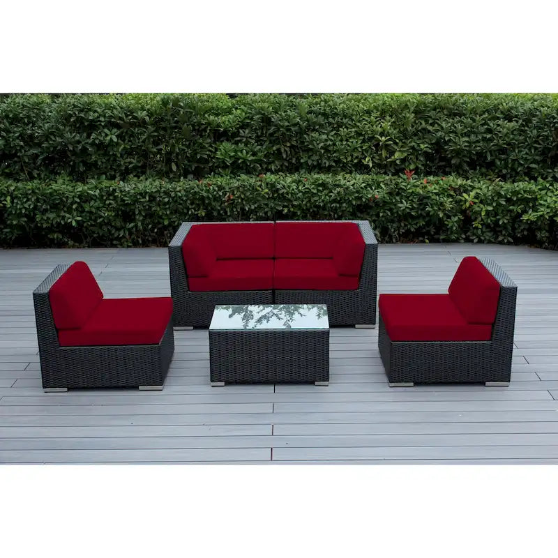 Ohana Outdoor Patio Ensemble Sectionnel 5 Pièces en Osier Noir avec Coussins - Aucun Assemblage Nécessaire