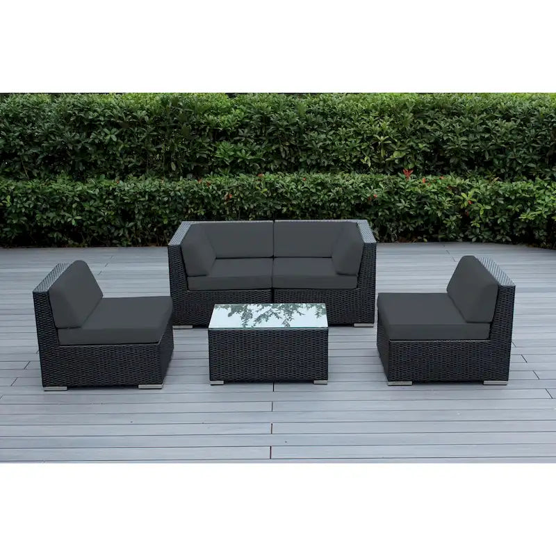 Ohana Outdoor Patio Ensemble Sectionnel 5 Pièces en Osier Noir avec Coussins - Aucun Assemblage Nécessaire