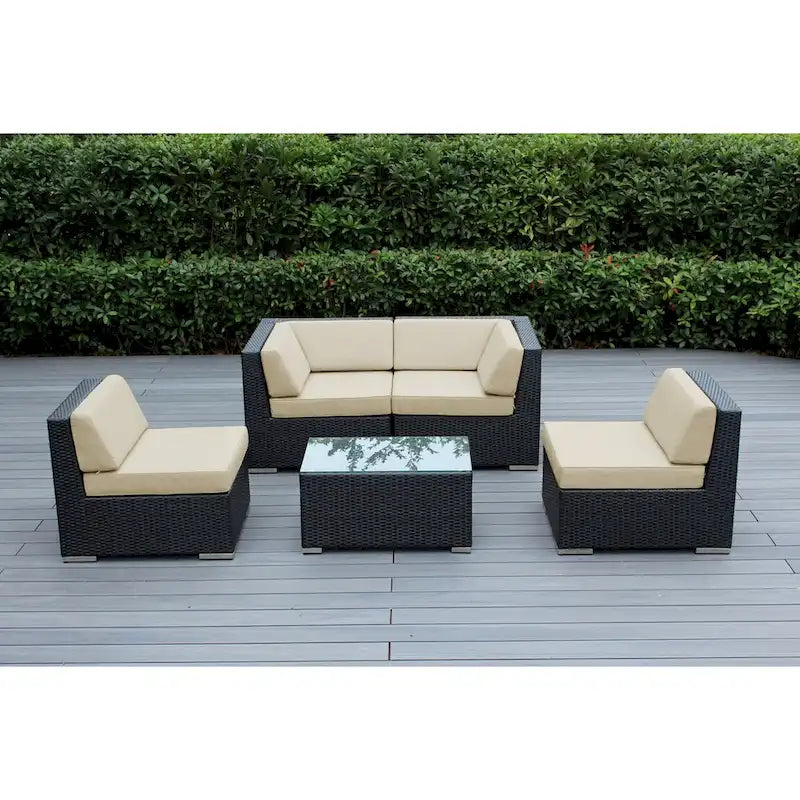 Ohana Outdoor Patio Ensemble Sectionnel 5 Pièces en Osier Noir avec Coussins - Aucun Assemblage Nécessaire