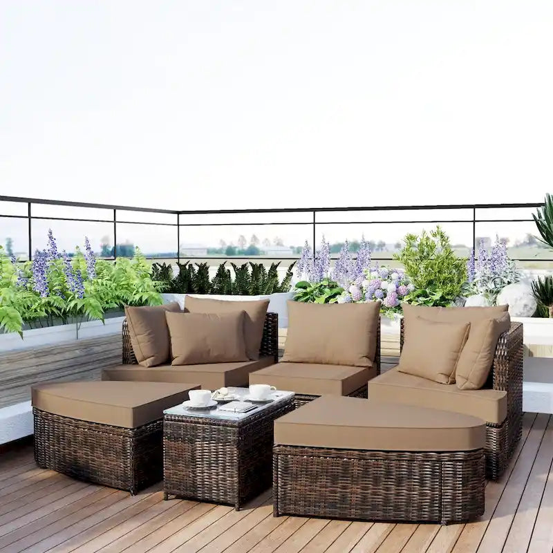 Ensemble de canapé d'extérieur rond de 6 pièces pour conversation de patio