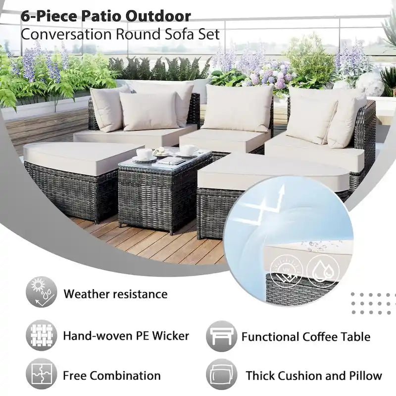 Ensemble de canapé d'extérieur rond de 6 pièces pour conversation de patio