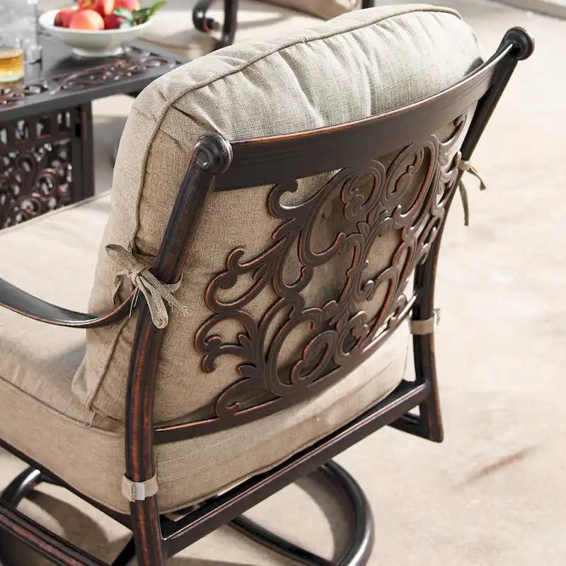 Ensemble table de brasero en aluminium de 48 po avec quatre fauteuils pivotants à bascule et accessoires