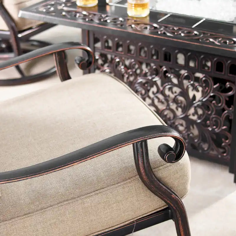 Ensemble table de brasero en aluminium de 48 po avec quatre fauteuils pivotants à bascule et accessoires
