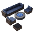 Ensemble de mobilier de jardin UPHA 8 pièces avec table de foyer au propane de 50 000 BTU, coussins beiges / bleu marine