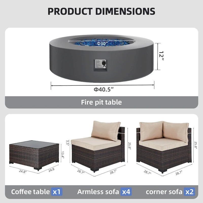 Ensemble de mobilier de jardin UPHA 8 pièces avec table de foyer au propane de 50 000 BTU, coussins beiges / bleu marine