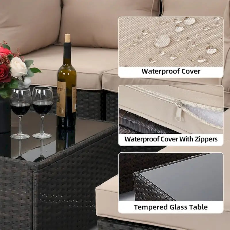 Ensemble de mobilier de jardin UPHA 8 pièces avec table de foyer au propane de 50 000 BTU, coussins beiges / bleu marine