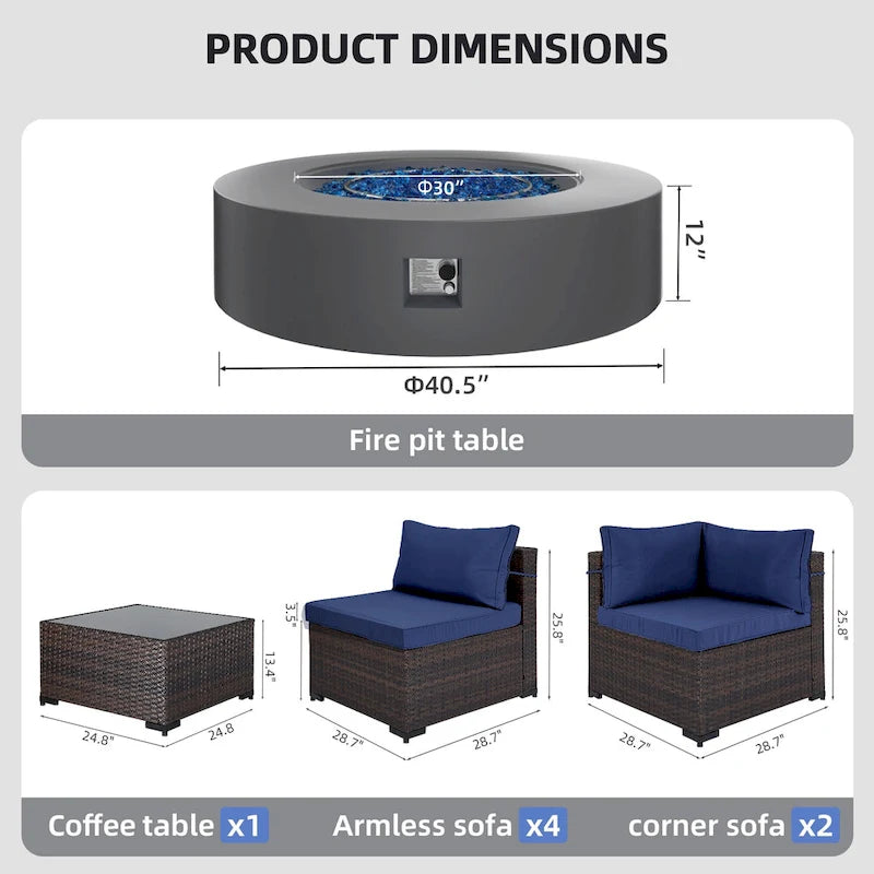 Ensemble de mobilier de jardin UPHA 8 pièces avec table de foyer au propane de 50 000 BTU, coussins beiges / bleu marine