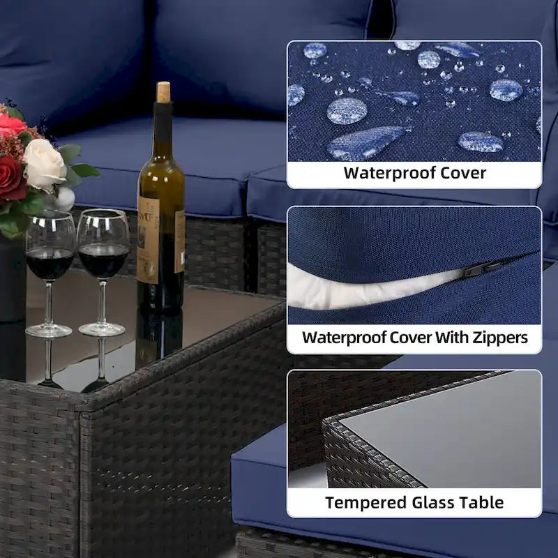 Ensemble de mobilier de jardin UPHA 8 pièces avec table de foyer au propane de 50 000 BTU, coussins beiges / bleu marine