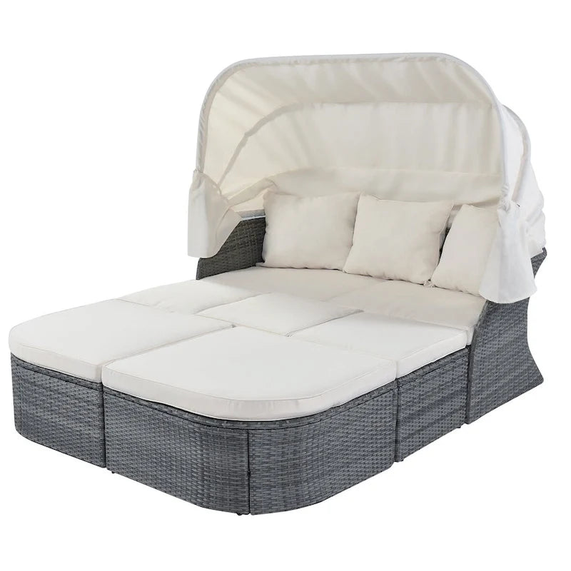Bain de soleil d'extérieur en osier gris avec coussins et auvent rétractable